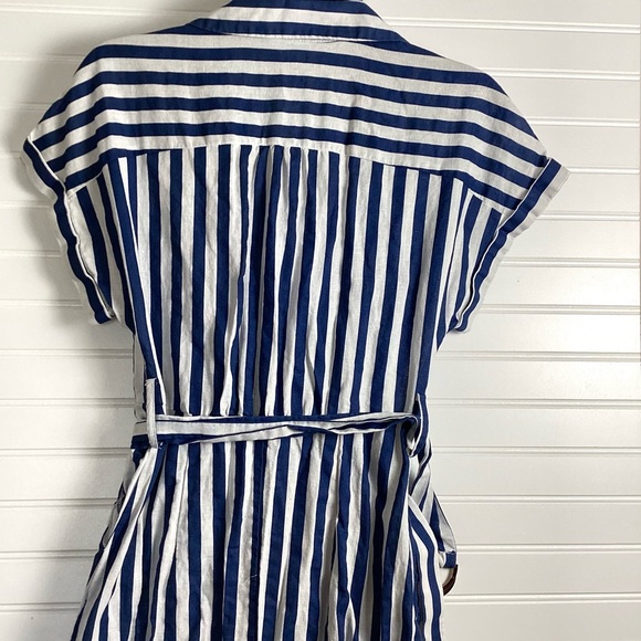 Zara Midi Stripe Dress Linen Shirt Tunic Midi With Belt BlueWhite Size Small - Picture 6 of 12